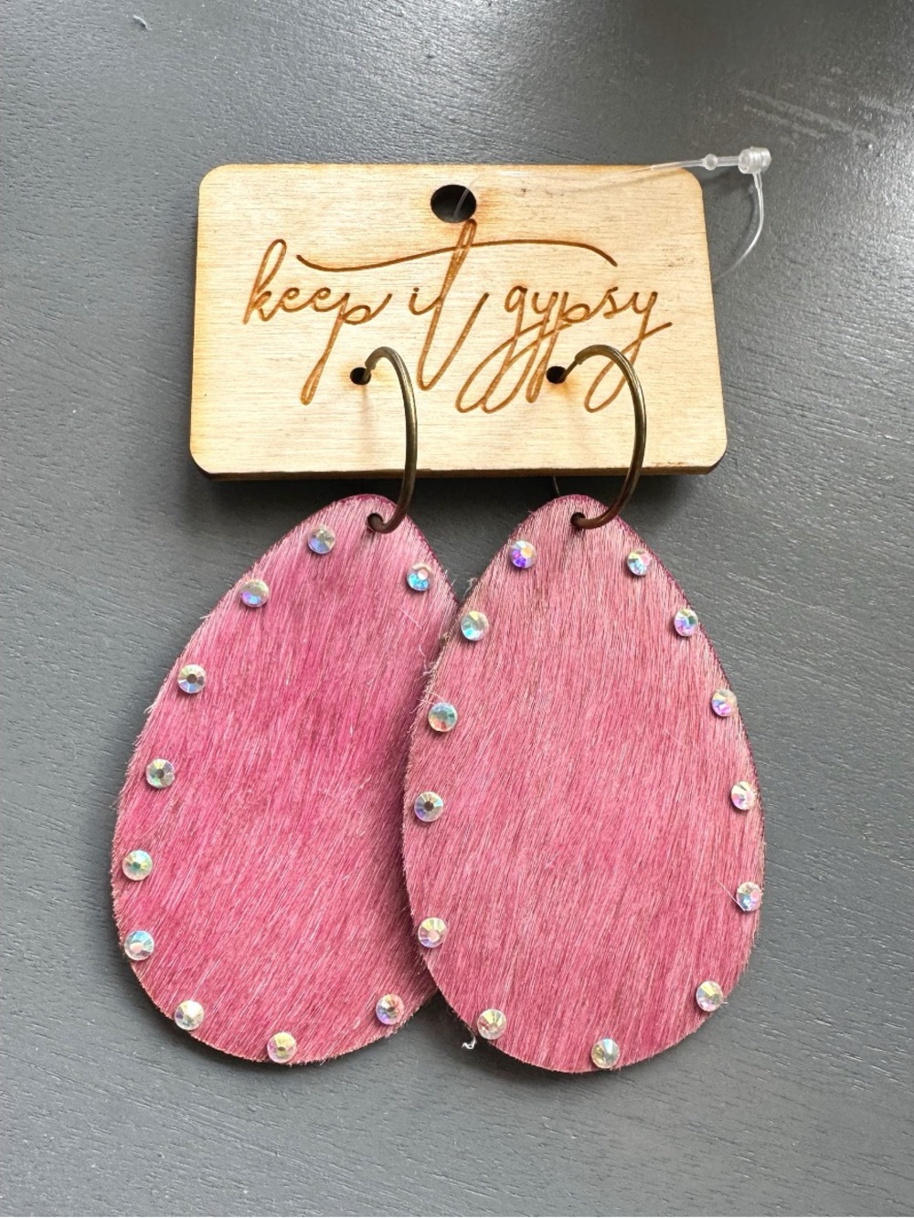 Keep it Gypsy Pink Hair on Hide Leather Teardrop Shaped earrings NWT